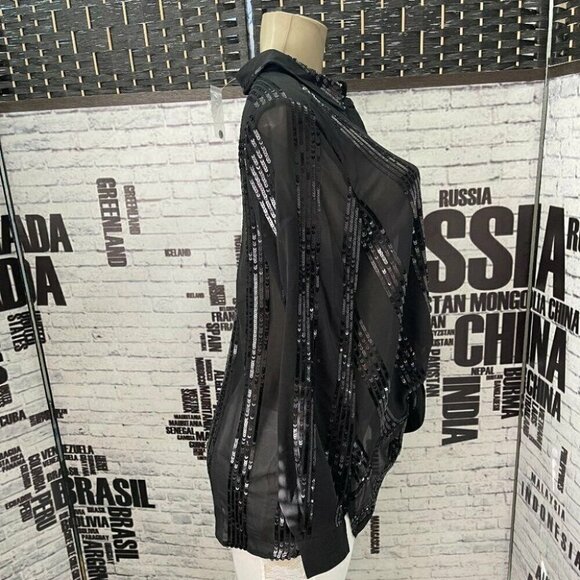Roaman's 12W Black Sheer Sequin Collar Button Knotted Front Long Sleeve Blouse - Picture 3 of 6